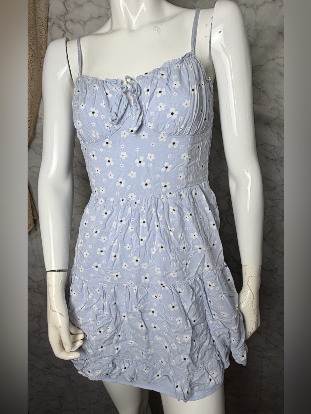 Hollister Powder Blue Floral Smocked Back Tie Front Tiered Mini Dress M